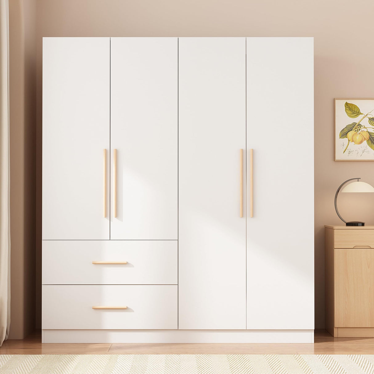AGOTENI Armoire Wardrobe Closet with 4 Doors & 2 Hanging Rods, Wooden Clothing Storage Cabinet with Drawers & Shelves for Bedroom, White, 19.7" D x 63" W x 70.9" H AGOTENI