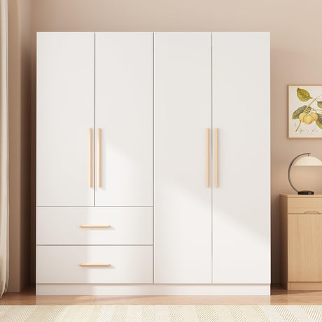 AGOTENI Armoire Wardrobe Closet with 4 Doors & 2 Hanging Rods, Wooden Clothing Storage Cabinet with Drawers & Shelves for Bedroom, White, 19.7" D x 63" W x 70.9" H AGOTENI