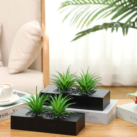 Hotop 2 Pcs Artificial Green Grass Plants in Wood Decorative Planter Pot Wooden Faux Greenery Rectangle Box Table Plant for Tabletop Centerpiece Indoor Decor(9.5 Inch,Black) Hotop