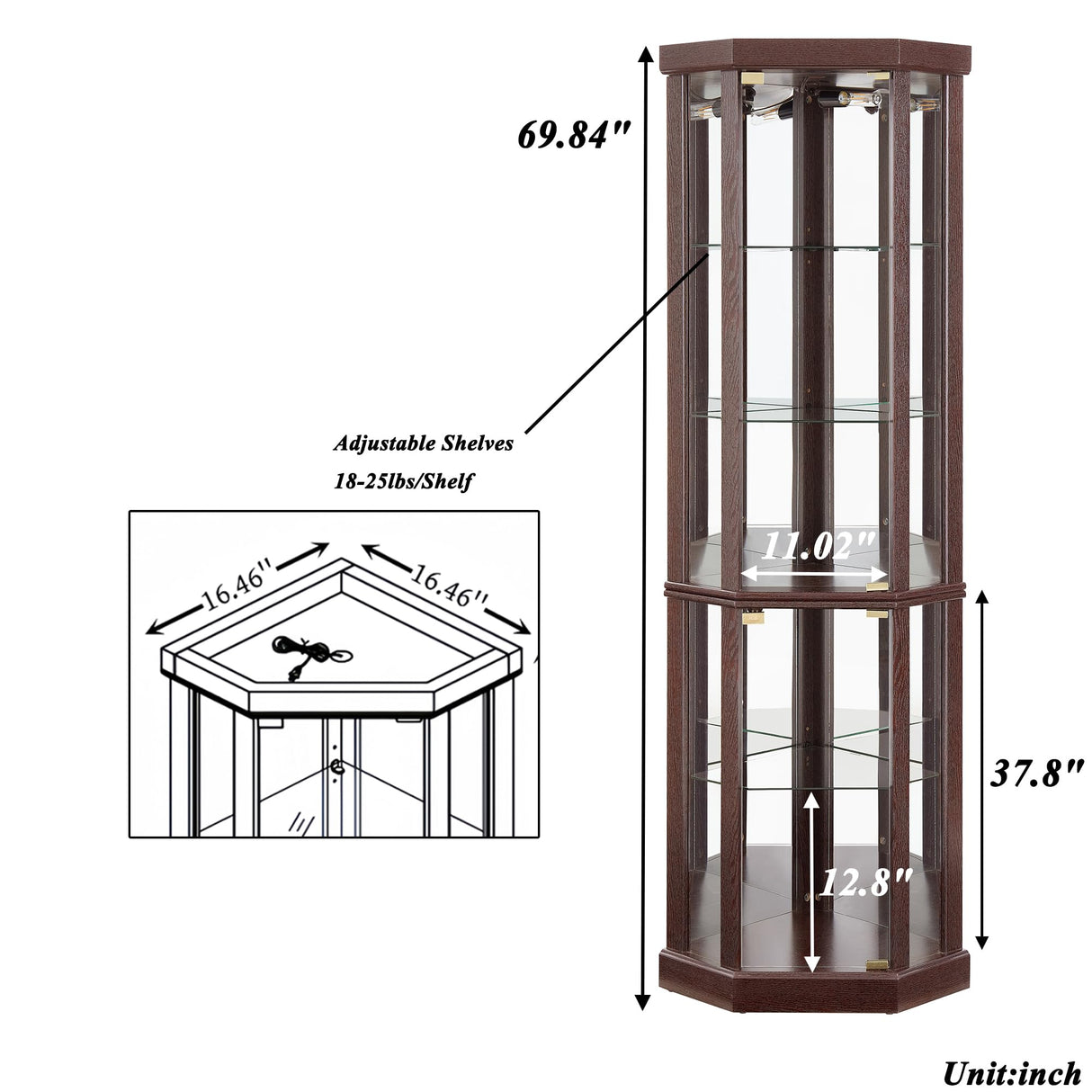 lunhung 69" H Corner Curio Cabinet with Light, Corner Glass Display Showcase with Adjustable Shelves & Glass Doors, Wooden Accent Storage Curio Storage Rack for Living Room (Dark Cherry) lunhung