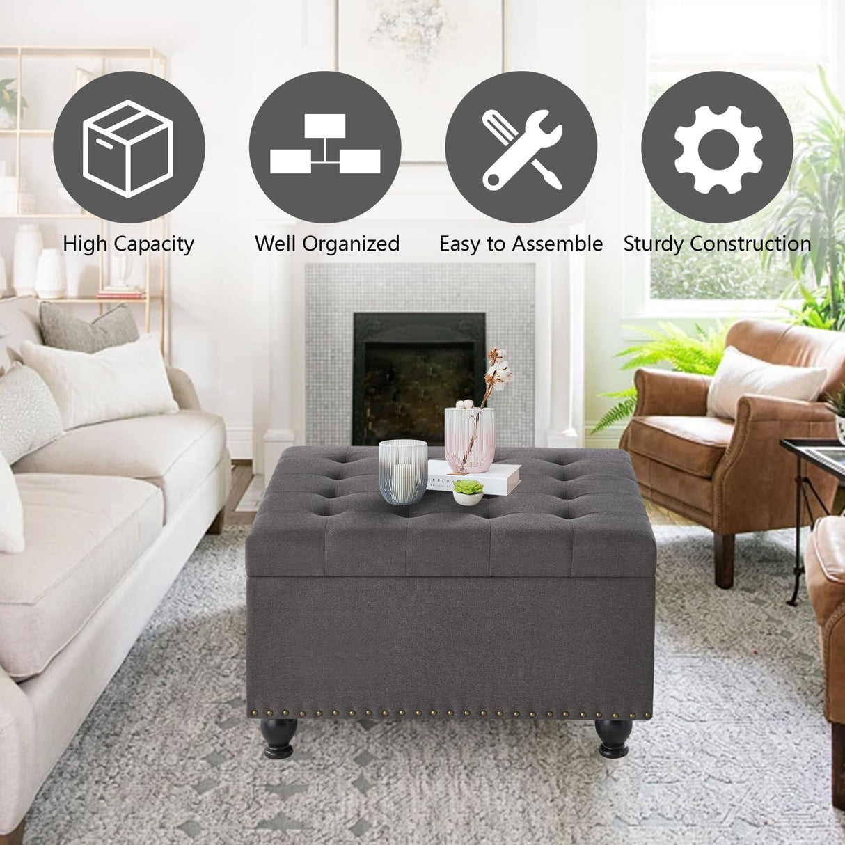 GOAWGO Large Square Storage Ottoman Upholstered Button Tufted Coffee Table with Rubber Wood Legs, Linen Fabric Foot Stool Oversized Ottoman Foot Rest for Sofa Couch Living Room Bedroom, Dark Grey GOAWGO