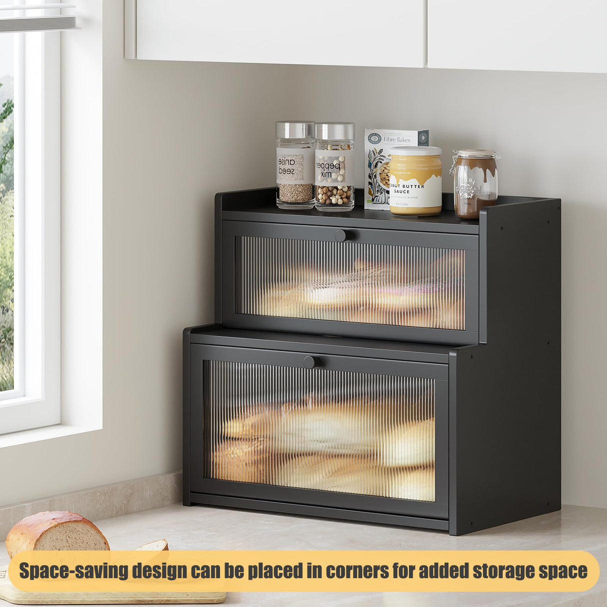 Furshus Double Layer Bamboo Bread Box for Kitchen Counter, Countertop Bread Storage Container, Bread Container Bread Storage with Window Bread Holder (Black) Furshus