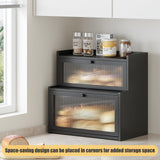 Furshus Double Layer Bamboo Bread Box for Kitchen Counter, Countertop Bread Storage Container, Bread Container Bread Storage with Window Bread Holder (Black) Furshus