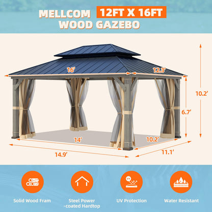 MELLCOM 12' x 16' Outdoor Hardtop Gazebo, Cedar Wood Framed Gazebo with Powder Coated Metal Roof for Gardens, Patios, Lawns,Grey - WoodArtSupply