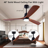 QUTWOB 48" Wood Ceiling Fan with Light and Remote Control, Indoor Outdoor Wooden 3 Blades Ceiling Fan for Patio Living Room, Bedroom, Office,Reversible DC Motor(Black+Dark Walnut) QUTWOB