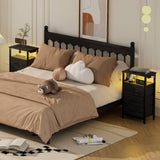 Furnulem Tall Night Stand with Charging Station and Led Light, Small Dresser with Open Shelf and 4 Storage Drawers, Black Side Table Fabric Nightstand for Bedroom, Entryway, Bedside Furniture Furnulem