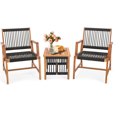 Tangkula 3 Pieces Acacia Wood Outdoor Furniture Set, All-Weather Rope Woven Bistro Set with Armchairs and Coffee Table, Patio Conversation Set for Front Porch, Deck, Balcony Tangkula