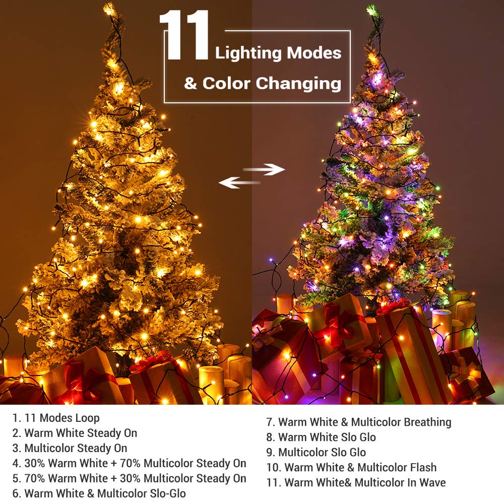 Brizled Christmas Lights Outdoor, 500 LED Color Changing Christmas String Lights with Remote, 180.4ft 11 Modes Christmas Tree Lights Warm White & Multicolor Green Wire Xmas Lights for Xmas Party Home