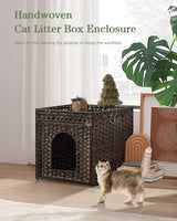 SETVSON Cat Litter Box Enclosure Cat Litter Box Furniture Hidden with Cat Litter Mat, Cat Litter Box Furniture with Two S-Shaped Hooks, Handwoven Rattan Cat House for Living Room, Bedroom, (Brown SETVSON