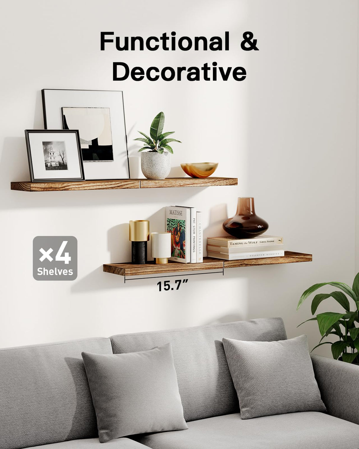 AMADA HOMEFURNISHING Floating Shelves, Paulownia Wood Wall Shelves for Bathroom/Living Room/Bedroom/Kitchen/Home Office, Natural Wood Floating Shelf for Home Storage & Organization, Set of 4, AMFS40BN AMADA HOMEFURNISHING