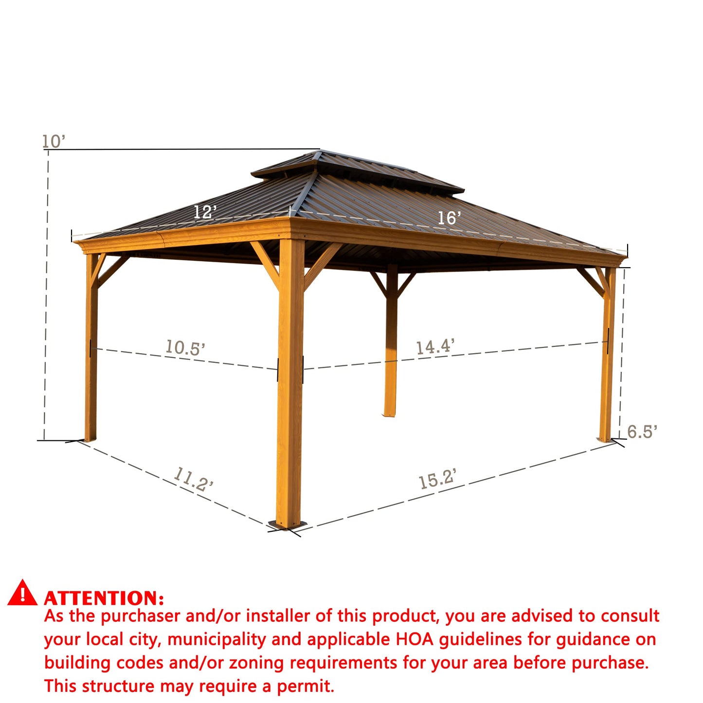 Kozyard Apollo 12’x16’ Hardtop Gazebo, Wooden Coated Aluminum Frame Canopy with Galvanized Steel Double Roof, Outdoor Permanent Metal Pavilion with Netting for Patio, Deck and Lawn (12ft x 16 - WoodArtSupply