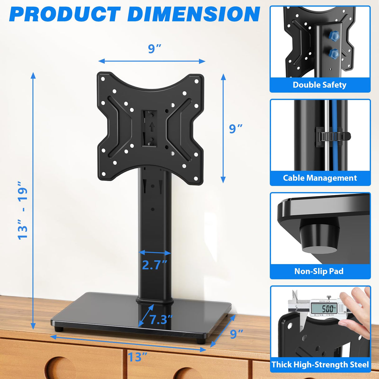 Rfiver Universal Swivel Tabletop TV Stand for Flat Screens 23 24 26 32 39 40 42 43 Inch, Heavy Duty Center Pedestal Stand Replacement with Black Tempered Glass Base and Height Adjustable Mount Rfiver
