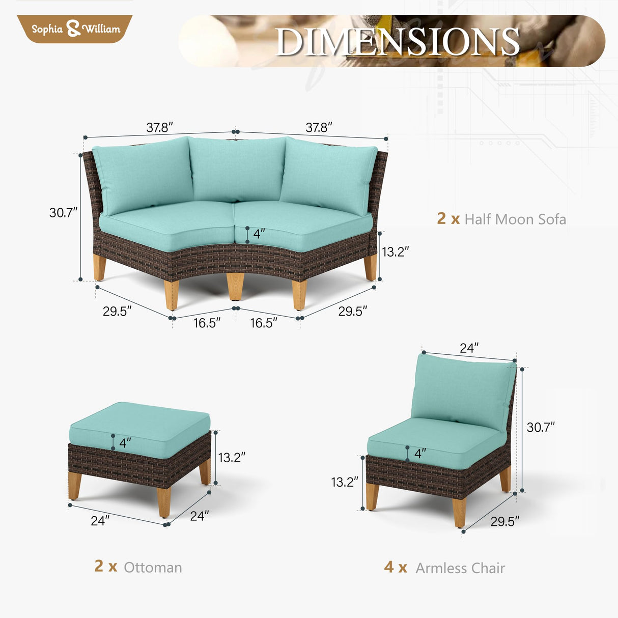 Sophia & William Patio Furniture Set, 10 Piece Half Moon Outdoor Wicker Sectional Sofa Set, High Back Rattan Conversation Set with Ottoman for Backyard, Deck, Pool(Aqua Blue) Sophia & William