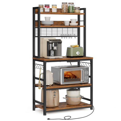 VASAGLE Hutch Bakers Rack with Power Outlet, 14 Hooks Microwave Stand, Adjustable Coffee Bar with Metal Wire Panel, Kitchen Storage Shelf, 15.7 x 31.5 x 66.9 Inches, Rustic Brown and Black UKKS025B01 VASAGLE
