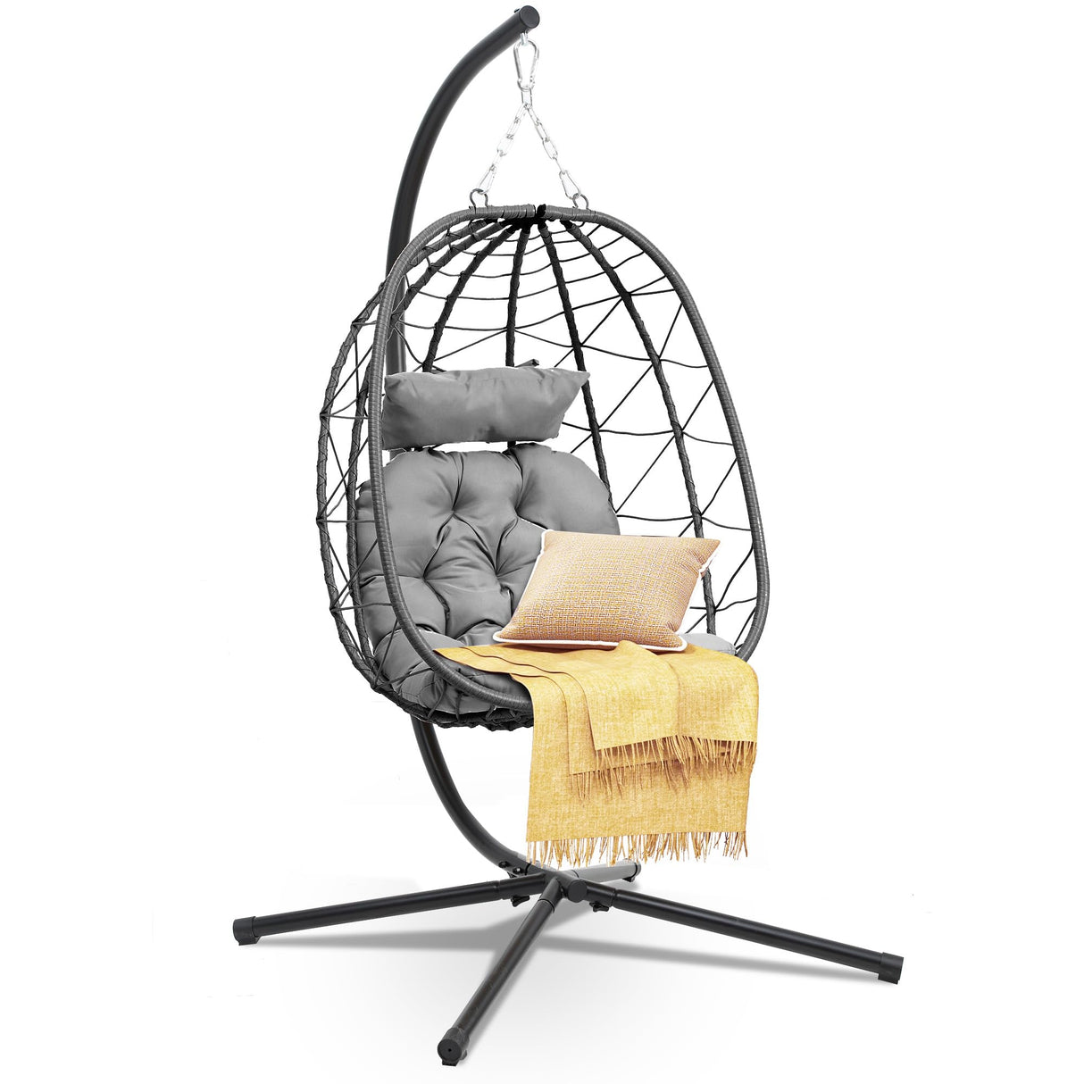DWVO Egg Hanging Swing Chair with Stand Egg Chair Wicker Egg Chair with Cushions 330lbs for Patio, Bedroom, Garden and Balcony, Gray DWVO