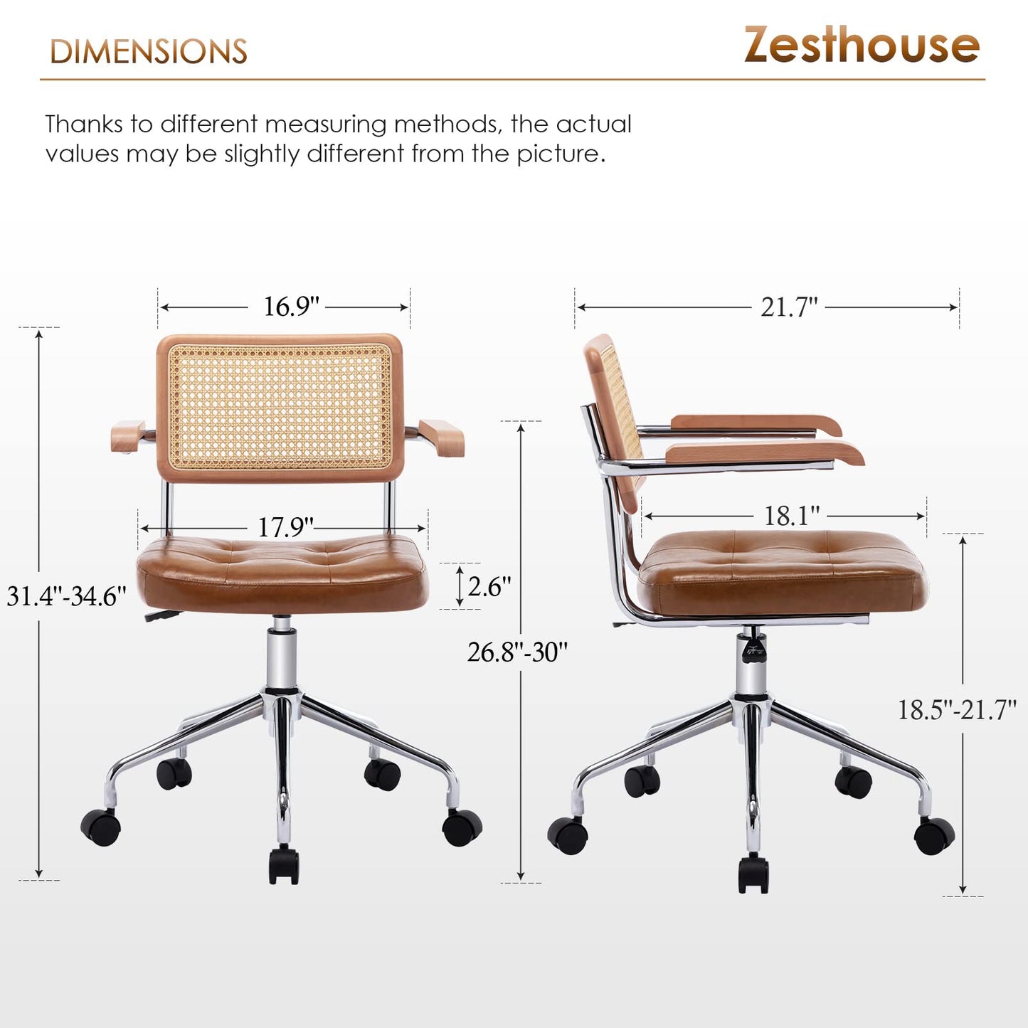 Zesthouse Modern Home Office Chair Leather Desk Chair with Natural Rattan Back, Vanity Chair for Girls Women, Upholstered Tufted Swivel Armchair, Height Adjustable Computer Task Chair