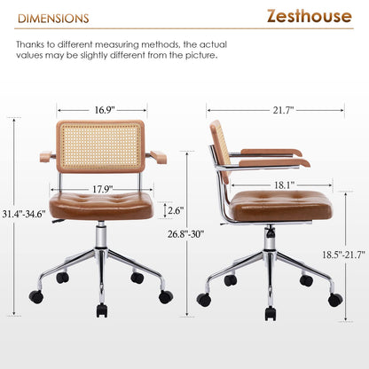 Zesthouse Modern Home Office Chair Leather Desk Chair with Natural Rattan Back, Vanity Chair for Girls Women, Upholstered Tufted Swivel Armchair, Height Adjustable Computer Task Chair