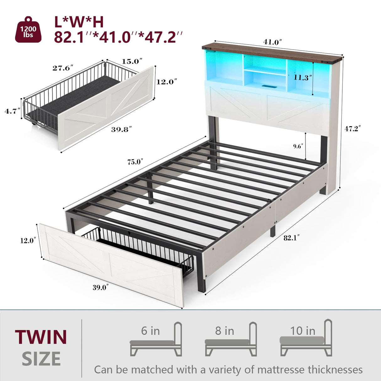 ROCHECASA Twin Bed Frame with Bookshelf, Bookcase High Headboard with Charging Station and LED Light, Farmhouse Bed with Storage Drawers, No Box Spring Needed, Noise Free, Easy Assembly, Antique White ROCHECASA