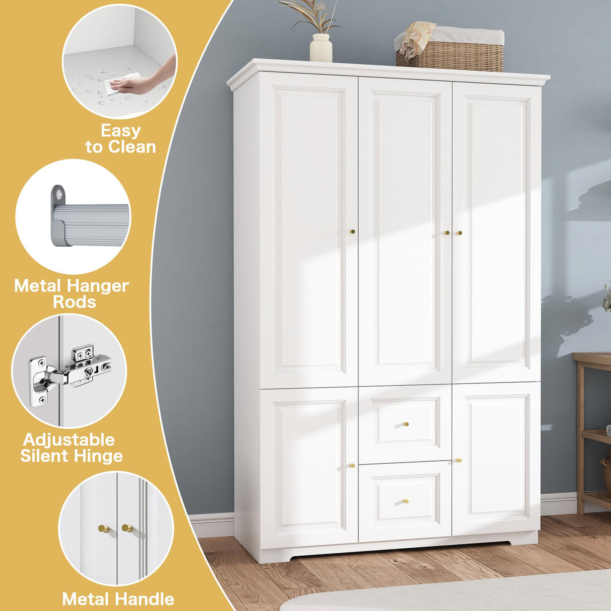 LABROSKIA White Wardrobe with 2 Drawers: 74" Large Wardrobe Closet for Hanging Clothes, Tall Armoire Closet with 2 Doors, Bedroom Armoires with Hanging Rod (47") LABROSKIA
