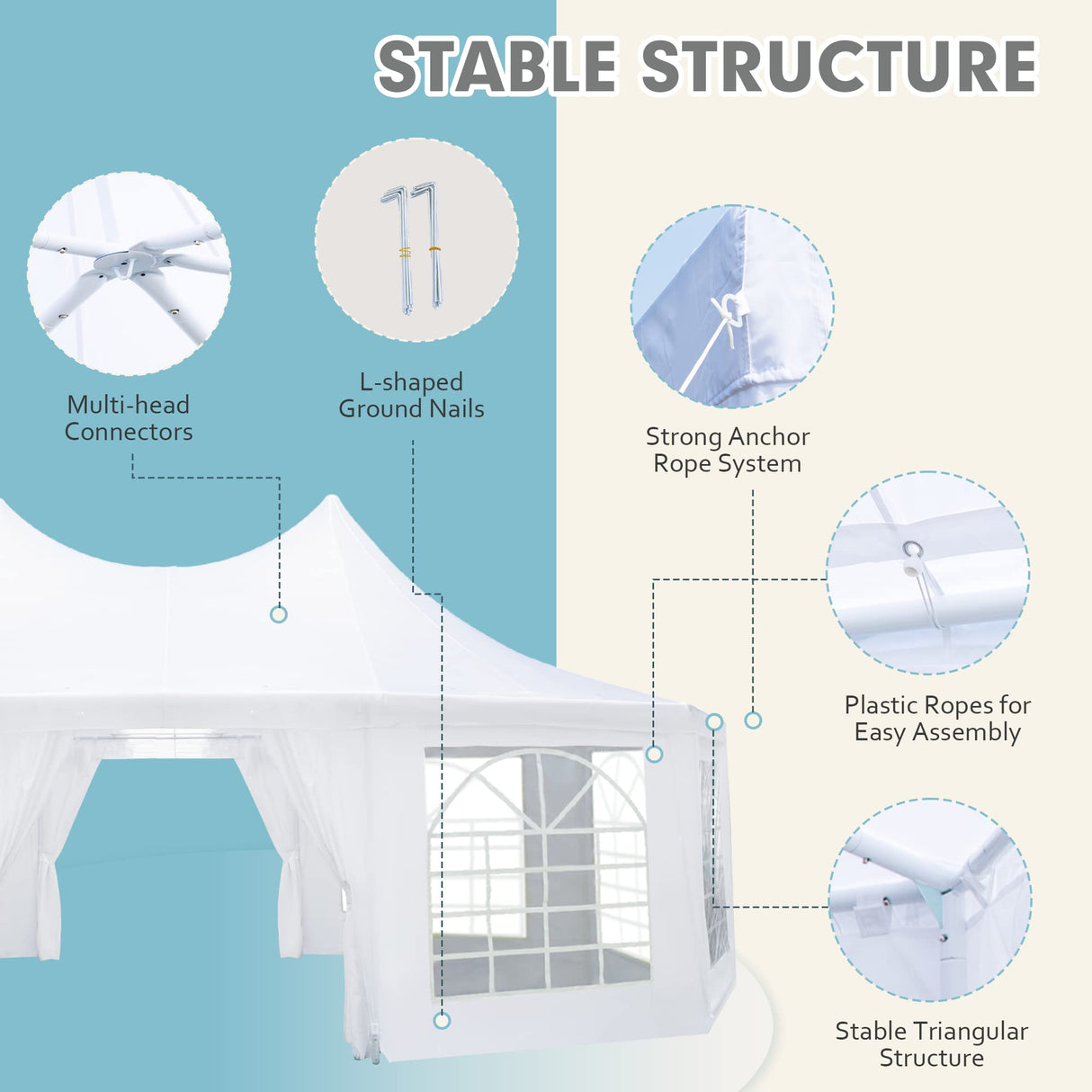 EROMMY 26x19ft Party Tent, White Wedding Tent, Decagonal Heavy Duty Canopy with 8 Removable Sidewalls, 8 Church Windows and 2 Pull-Back Doors, Outdoor Gazebo Pavilion Shelter Tent for Party, Event EROMMY