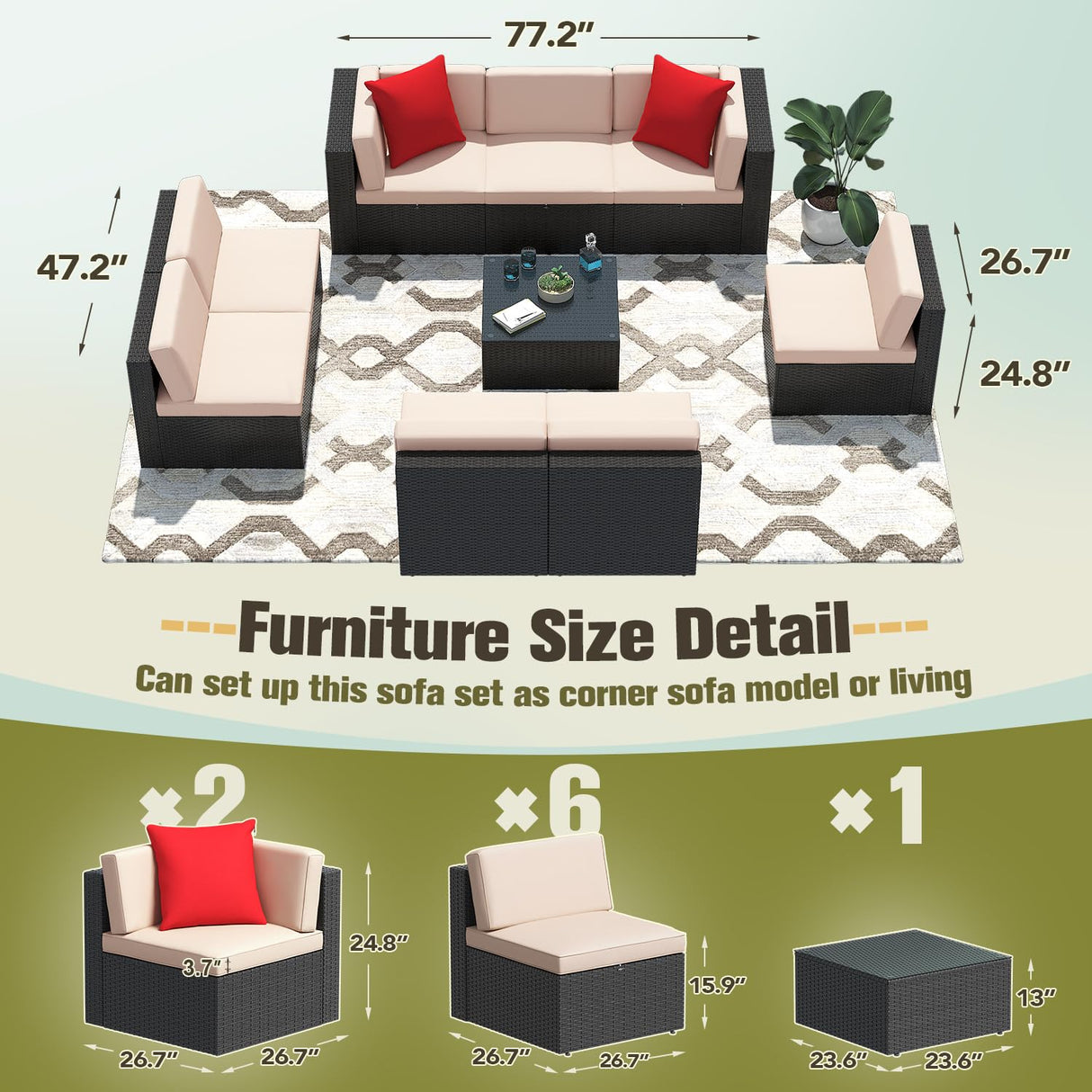 Greesum Patio Furniture Sets 9-Pieces Outdoor PE Rattan Sectional Sofa with Thickened Cushions and Glass Coffee Table,Beige Greesum