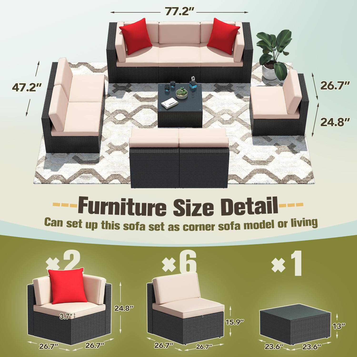 Greesum Patio Furniture Sets 9-Pieces Outdoor PE Rattan Sectional Sofa with Thickened Cushions and Glass Coffee Table,Beige - WoodArtSupply