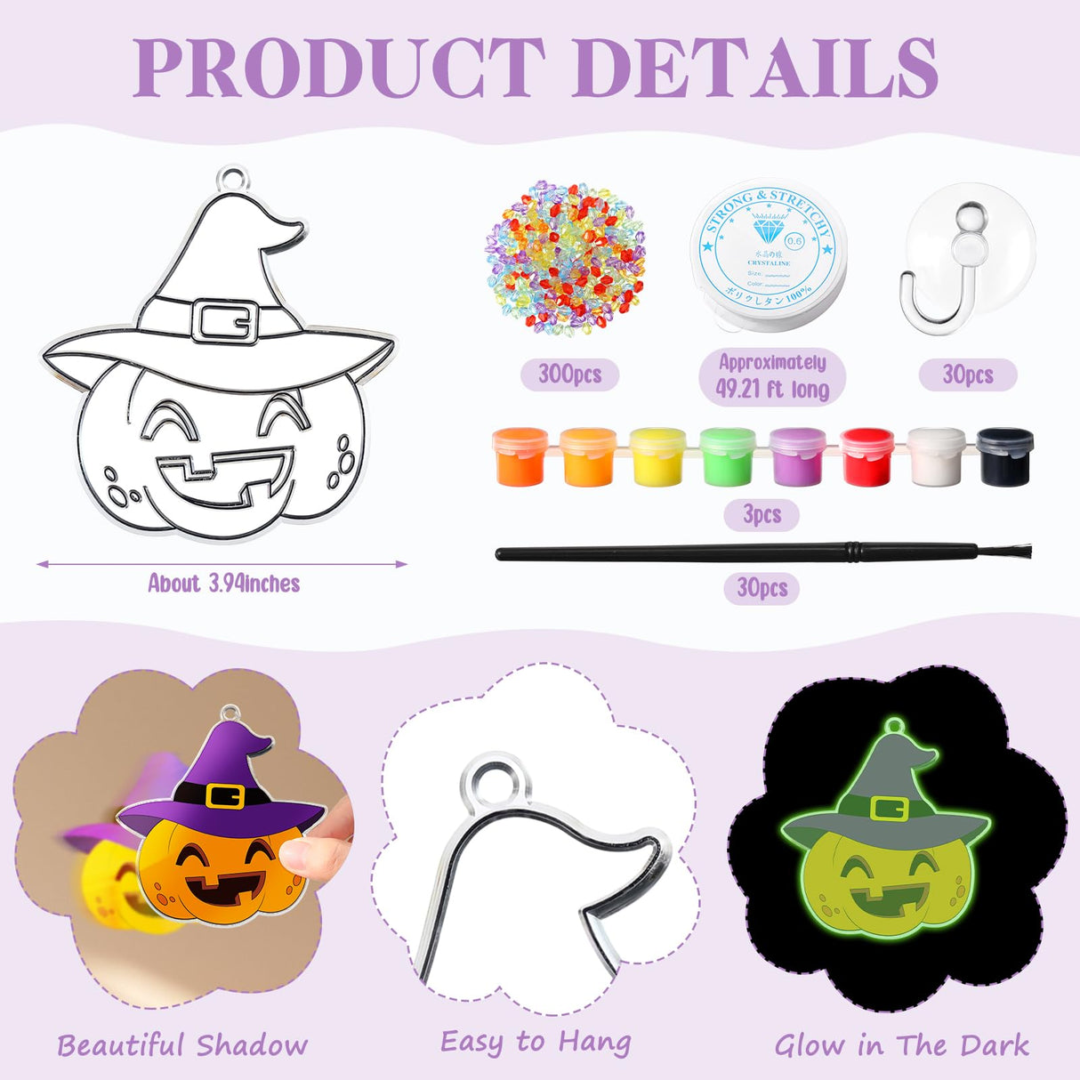 Dunzoom 30 Set Halloween Glow in The Dark Suncatchers Kits Halloween Pumpkin Boo Bat Luminous DIY Suncatchers Crafts Make Your Own Suncatcher Paint Sun Catchers Ornaments for Halloween Dunzoom