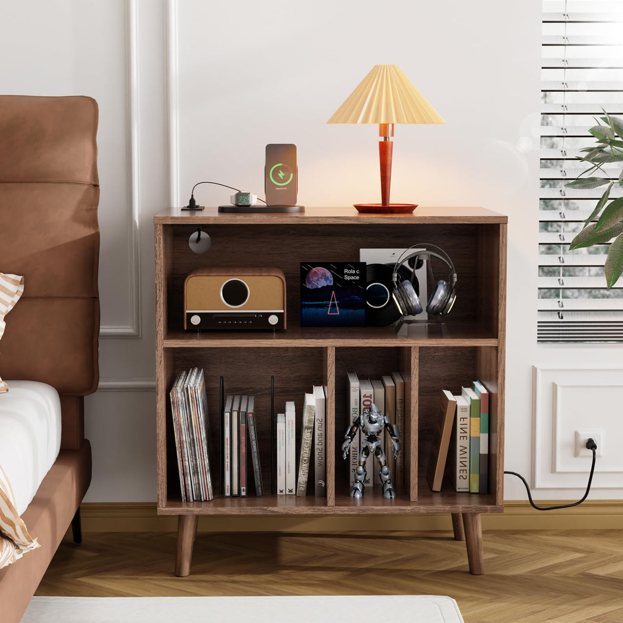 VINGLI Record Player Stand with Open Vinyl Storage, Mid-Century Album Storage Table with LED Light up to 300 Albums, Vinyl Record Player Shelf with Power Outlet for Living Room, Walnut VINGLI