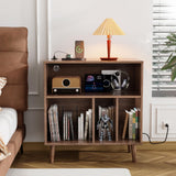 VINGLI Record Player Stand with Open Vinyl Storage, Mid-Century Album Storage Table with LED Light up to 300 Albums, Vinyl Record Player Shelf with Power Outlet for Living Room, Walnut VINGLI