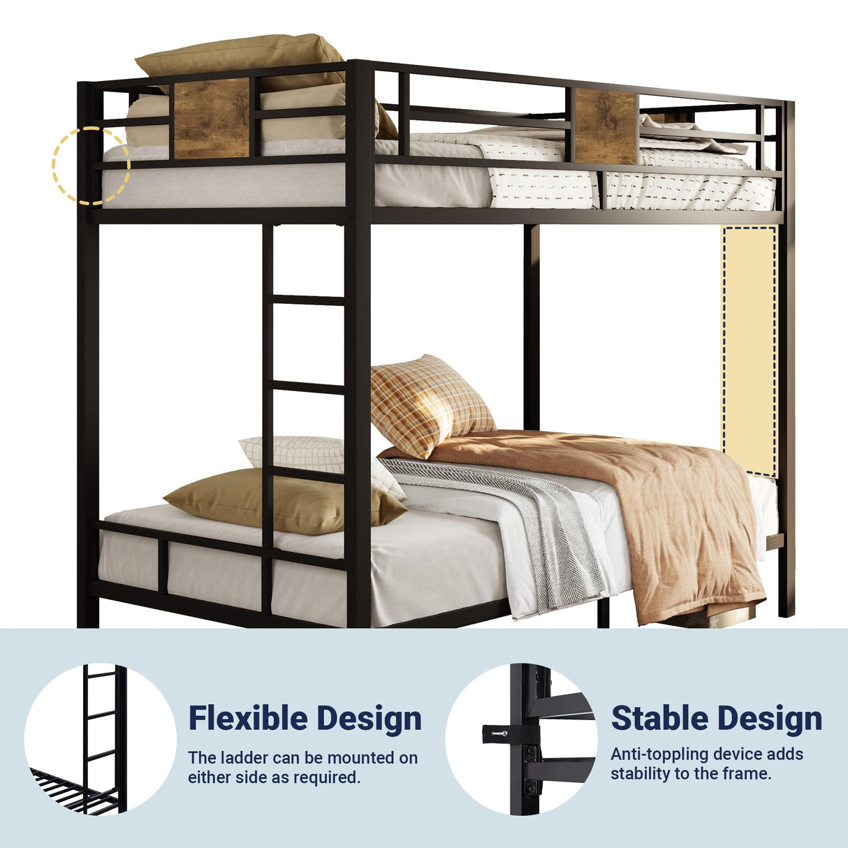 Allewie Black Twin Over Twin Bunk Bed with Rustic Wood Accents and Sturdy Metal Frame Allewie