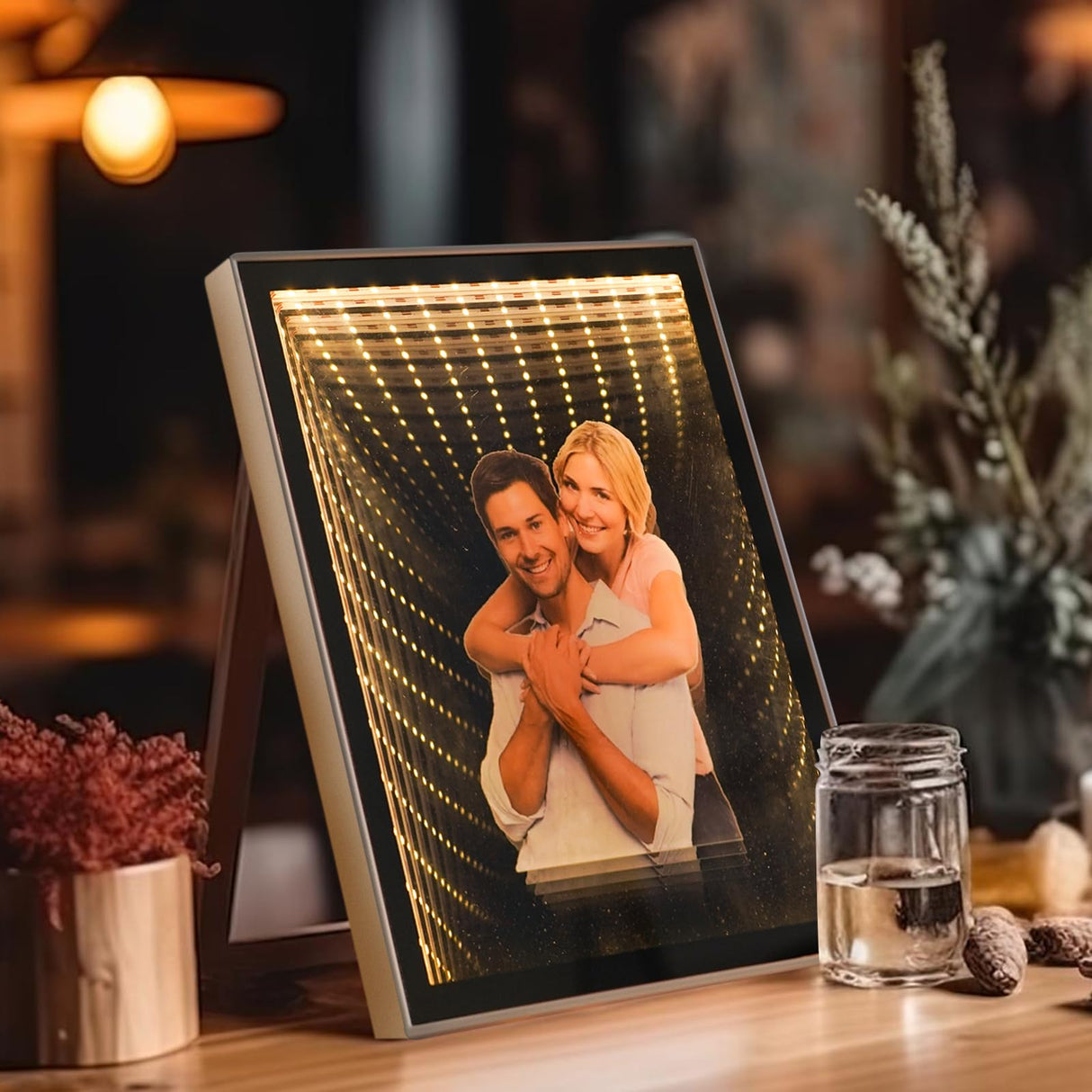 Neonip Personalized Infinity Mirror Light Box - Custom Photo Infinite Tunnel LED Night Lights Plaque - 3D Modern Family Home Decor Makeup Mirrors Gifts for Wedding Birthday Anniversary Neonip