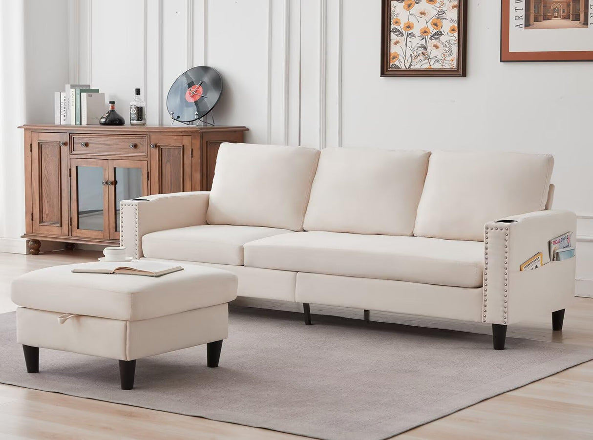 POYISOU Sectional Couches for Living Room, L Shaped Couch with Storage Ottoman, Small Sofa Comfy Couch with 2 Cup Holders, Modern 3 Seater Convertible Sofas for Apartment, Office, Beige POYISOU