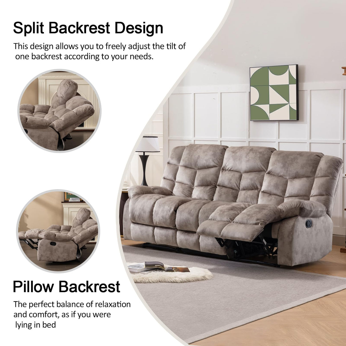 CANMOV Manual Reclining Sofa, 3 Seat Recliner Sofa with Armrest and Overstuffed Backrest, Couch Set for Living Room, Bedroom, Office, Light Brown CANMOV