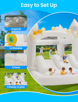 BUPPLEE Inflatable White Bounce House Jumping Castle with 480W Air Blower, 13x8x8FT Large Indoor Outdoor Bouncy Castle Theme for Kid and Adult with Slide & Ball Pit Perfect for Parties Events All Ages BUPPLEE