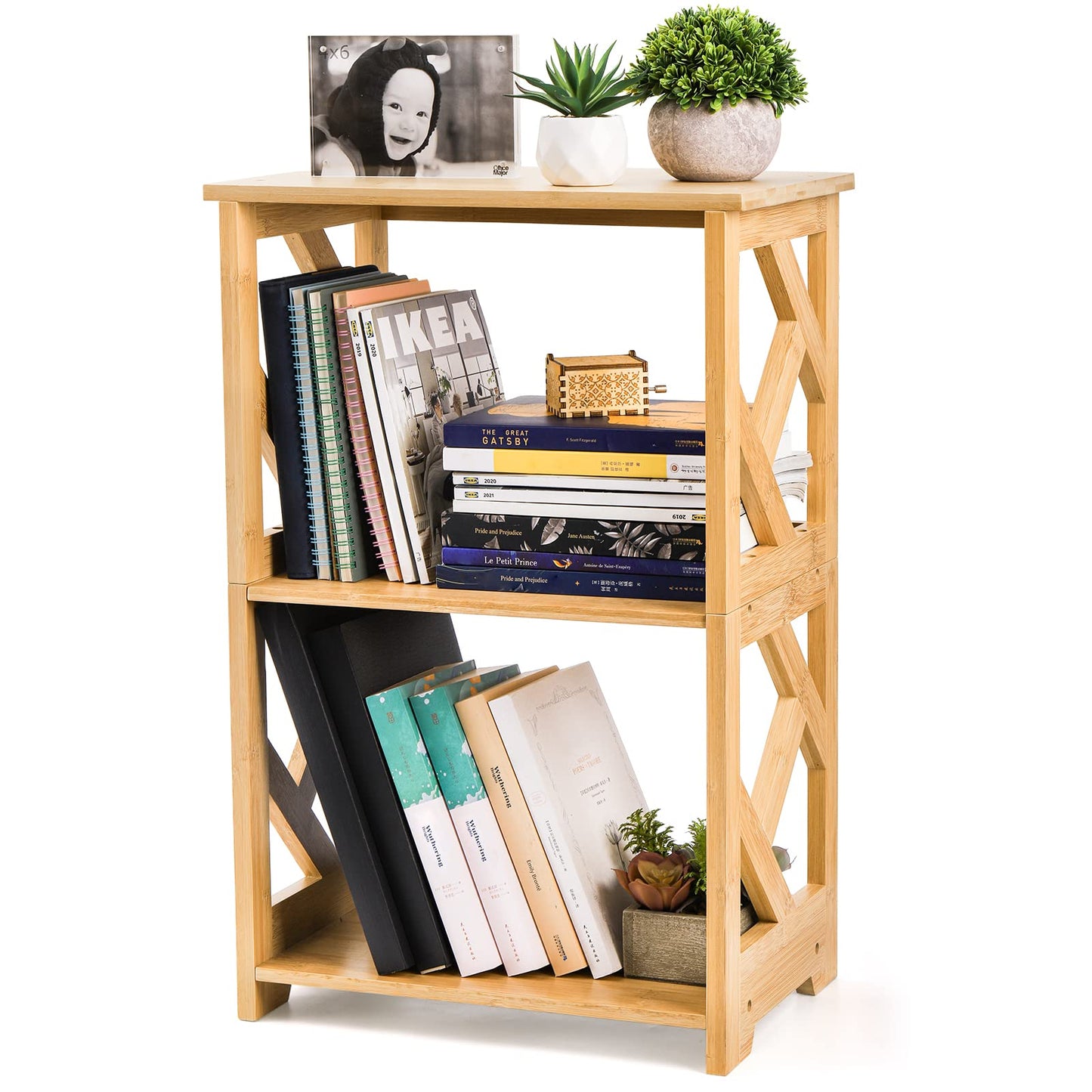 Frcctre 3-Tier Bamboo End Table Side Table Bedside Nightstand, 2 Shelf Small Bookshelf Bookcase, Multifunctional Display Rack Storage Stand for Bathroom, Bedroom and Living Room