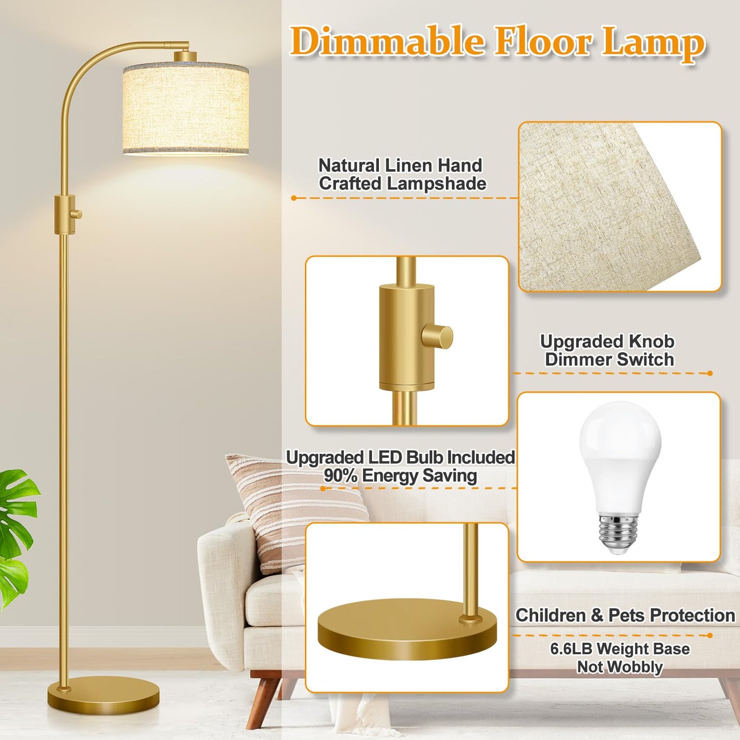 【Upgraded】 Dimmable Gold Floor Lamp, 1200 Lumens LED Bulb Included, Arc Floor Lamps for Living Room Modern Standing Lamp with Linen Shade, Tall Lamp for Living Room Bedroom Office Reading Room Nursery