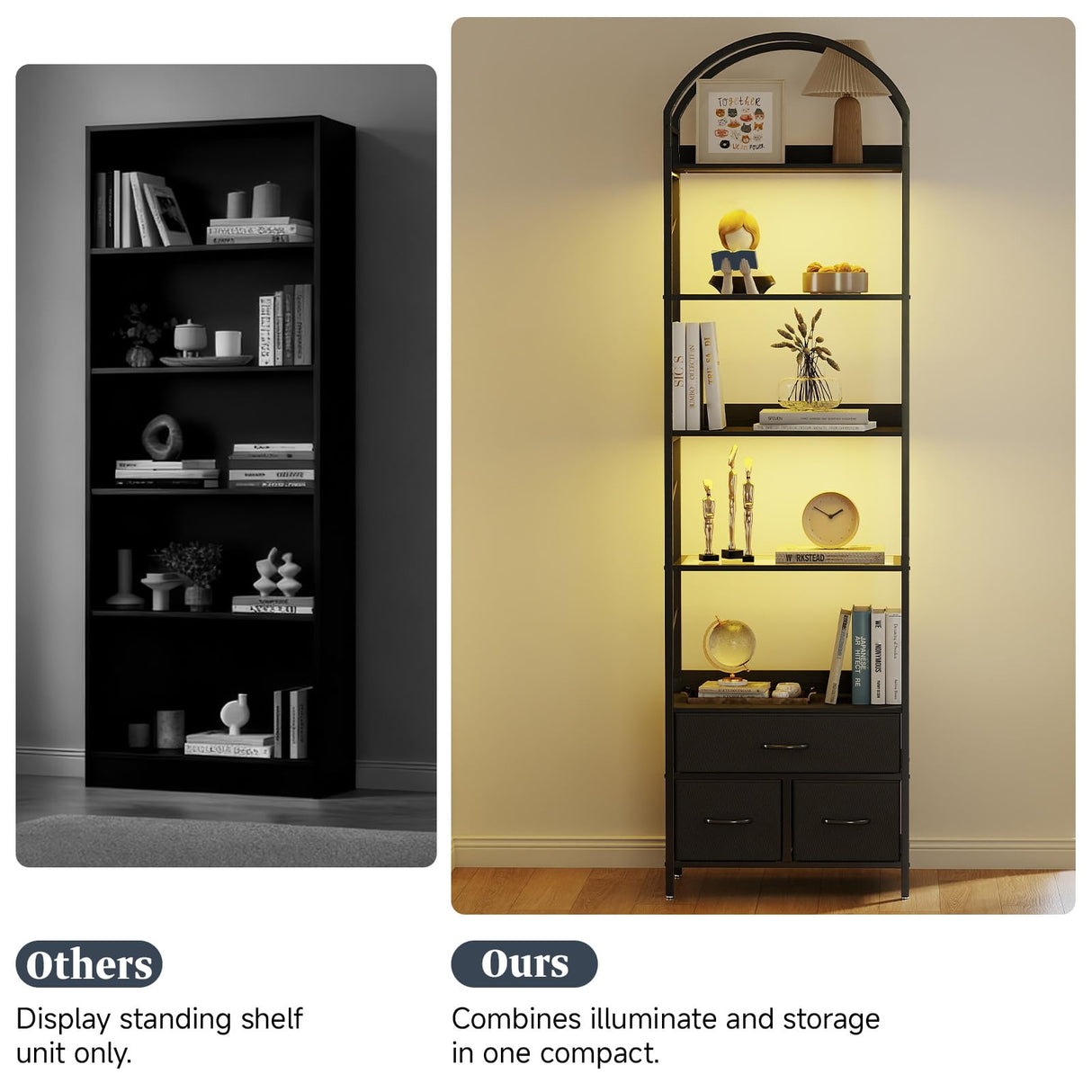 Turosur Arched Bookshelf with 3 Drawers & LED Lights, 83" Tall Narrow Bookcase with Open Shelves, 6 Tier Industrial Bookshelf for Living Room, Bedroom, Study, Black Turosur