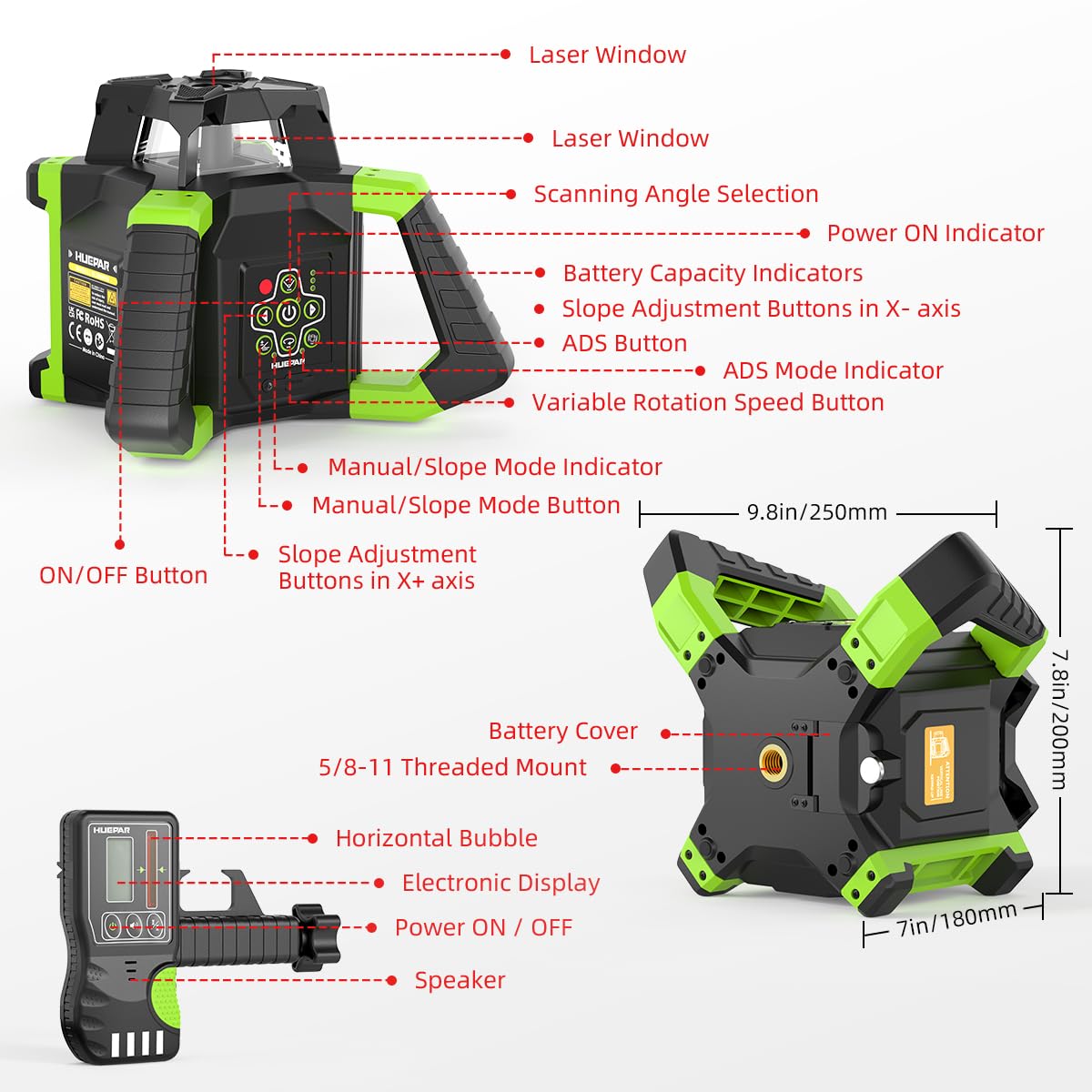 Huepar Electronic Self-Leveling Rotary Red Laser Level Kit - 360 Horizontal Laser Beam Interior/Exterior Rotating Laser Level Tool with Receiver, Protective Glasses, Li-ion Battery, Hard Case - WoodArtSupply