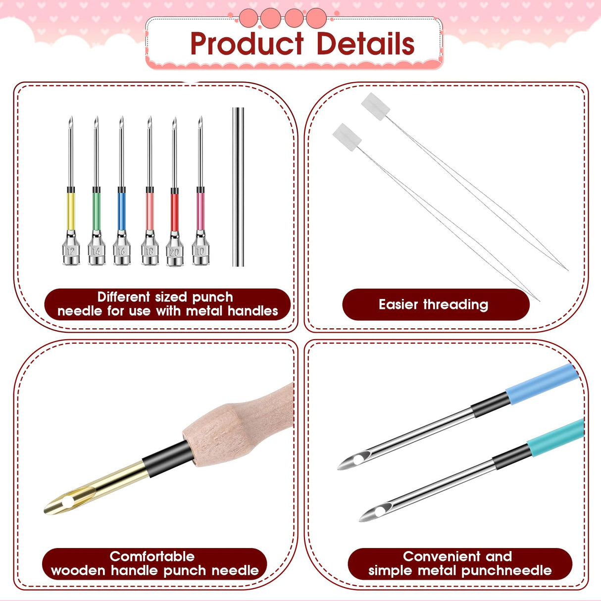 12 Pcs Punch Needle Kit, Embroidery Punch Needle Tool Wooden Handle Embroidery Tool Punch Needle Threader Set for Adults Beginner Yarn Floss Cross Stitching Piriuuo