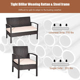 COSTWAY 4 PCS Patio Rattan Conversation Furniture Set Cushioned Seat Glass Tabletop COSTWAY