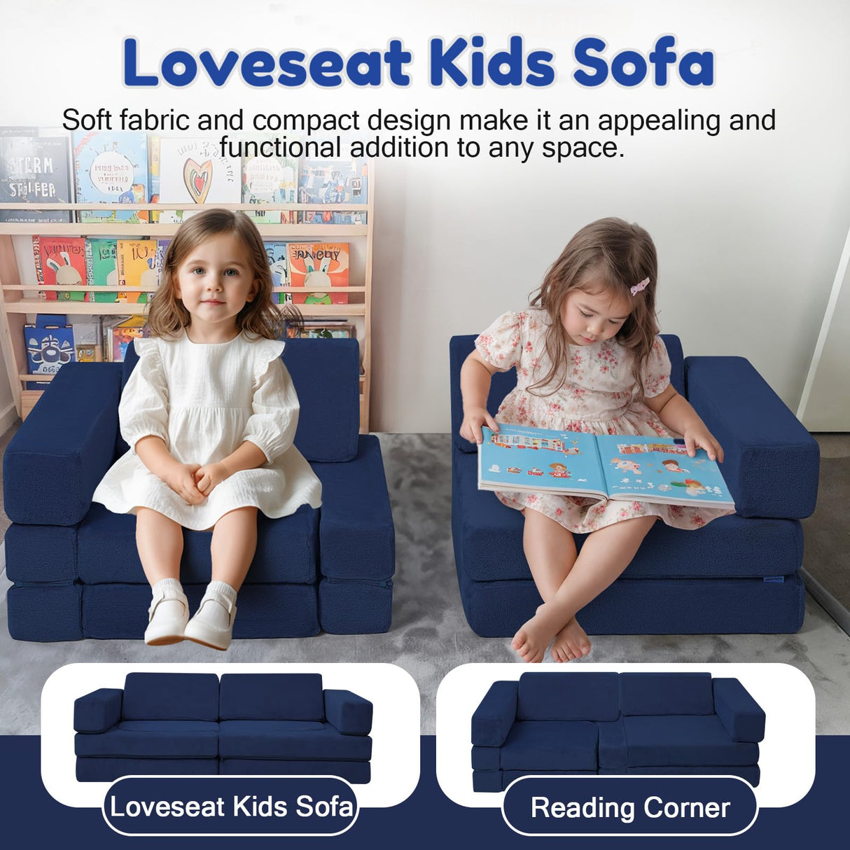 MeMoreCool Modular Kids Play Couch – 10-Piece Foam Sofa for Toddlers & Kids, Convertible Playroom Furniture and Fold-Out Floor Bed, High-Density Foam with Washable Covers – Navy Blue MeMoreCool