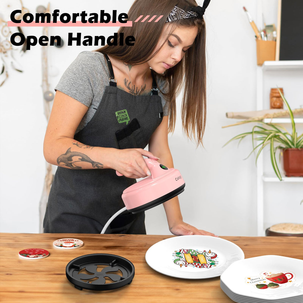 Calogy Mini Heat Press, 5" Diameter Circle Heat Press Machine for T-Shirt Portable, 4 Levels Temp Max 410℉, Small Iron for Crafts, Coaster, Bag, Pillow, Ceramic, Sublimation Ink Heat Transfer (Pink) Calogy