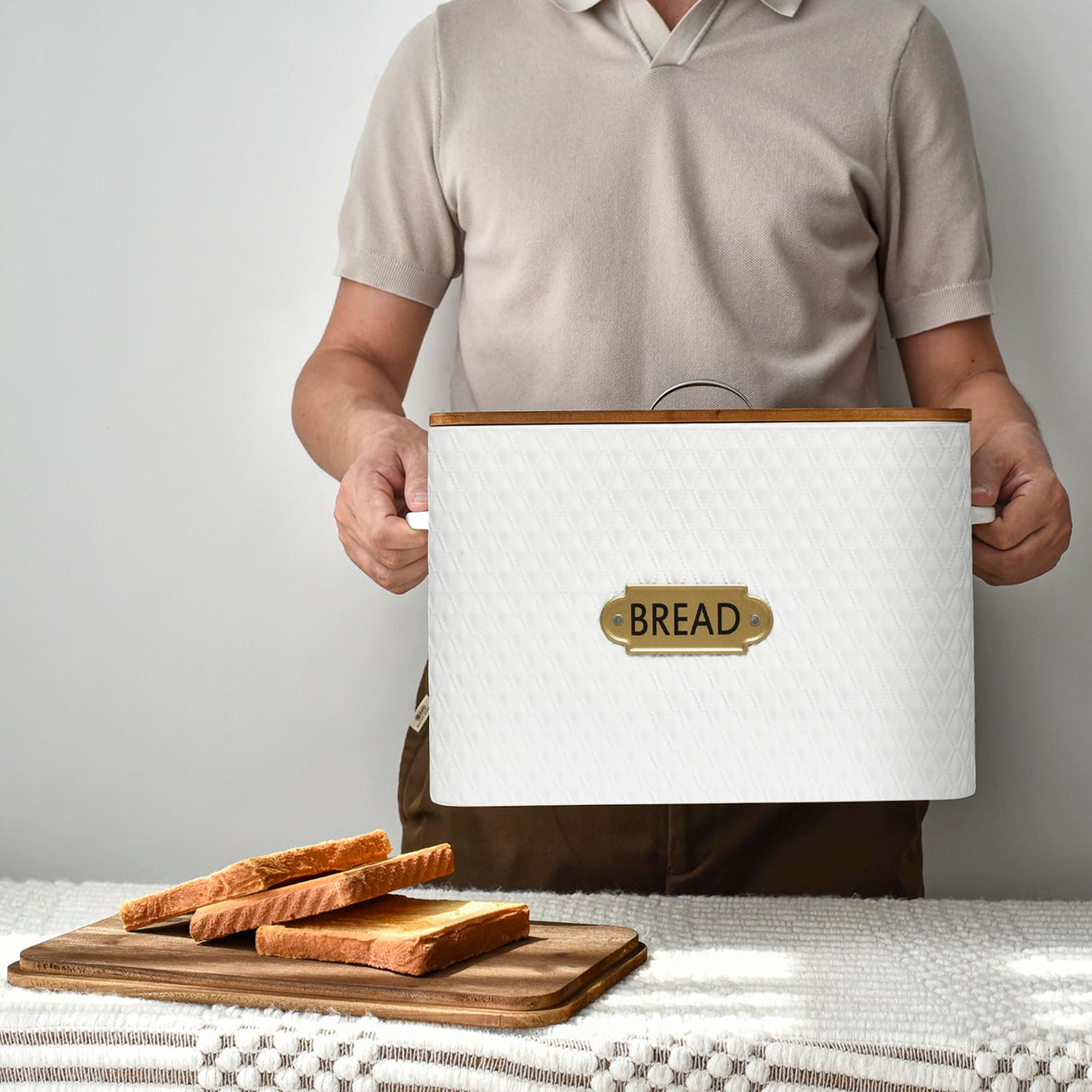 EMAX HOME Farmhouse Style Rectangle Bread Box with Wooden Lid Vertical Spacious Bread Storage Container for Kitchen Countertop White（16.5 * 9 * 6.3 Inches EMAX HOME