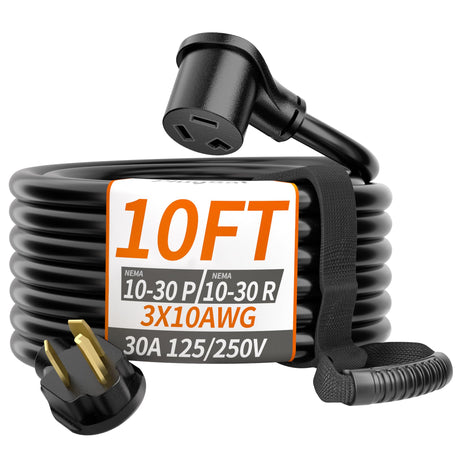 PlugSaf 30 AMP 3 Prong Dryer Cord 10 FT Outdoor Black, 10/3 Gauge Dryer Extension Cord Heavy Duty, NEMA 10-30P to 10-30R Dryer Power Cord and EV Charging, 125V/250V STW 10 Gauge ETL Listed PlugSaf