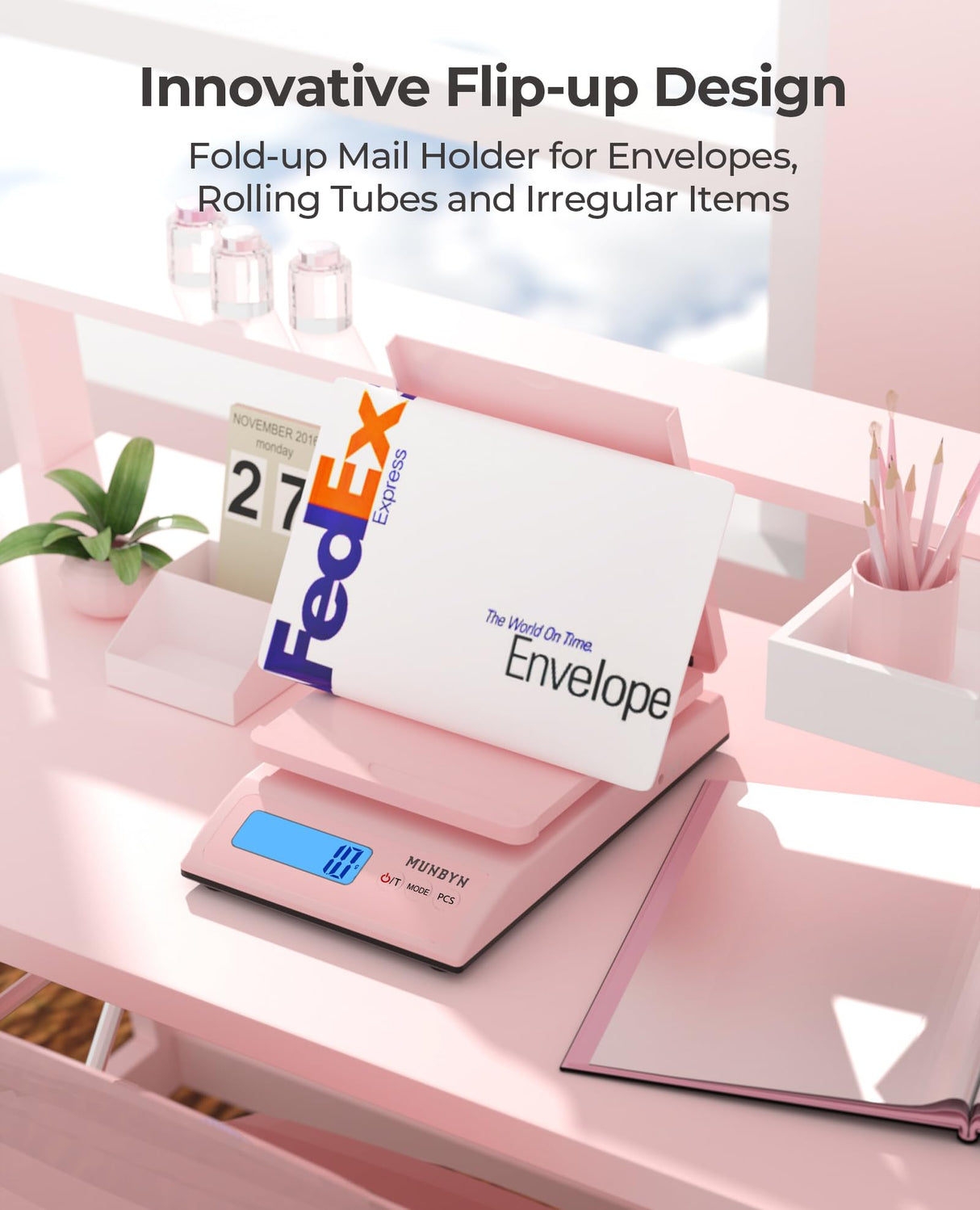 MUNBYN Shipping Scale, Accurate 66lb/0.1oz Postal Scale with Sweet Pink Style, Hold/Tear/PCS Function, Auto-Off, Battery & AC Adapter, Back-Lit LCD Display, Digital Scale for Packages and Food Pink MUNBYN