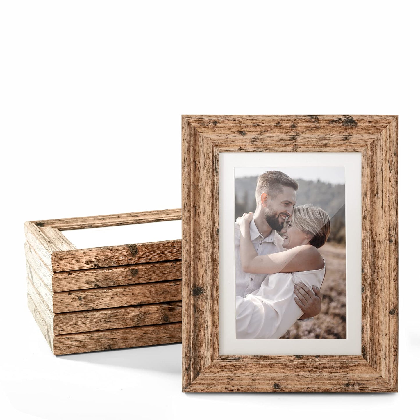 TWING 5x7 Picture Frames Set of 6, Rustic Picture Frame 4x6 with Mat or 5X7 Without Mat, Tabletop Display Wall Mounting Collage Photo Frames Brown Walnut Wood Pattern