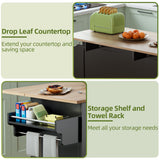 55.6“ Kitchen Island On Wheels, Rolling Kitchen Island Cart with Drop Leaf, Kitchen Storage Cabinet with 3 Drawers and Inner Adjustable Shelves for Dining Room/Living Room, Towel Rack Spice Cart Black VALONDINO