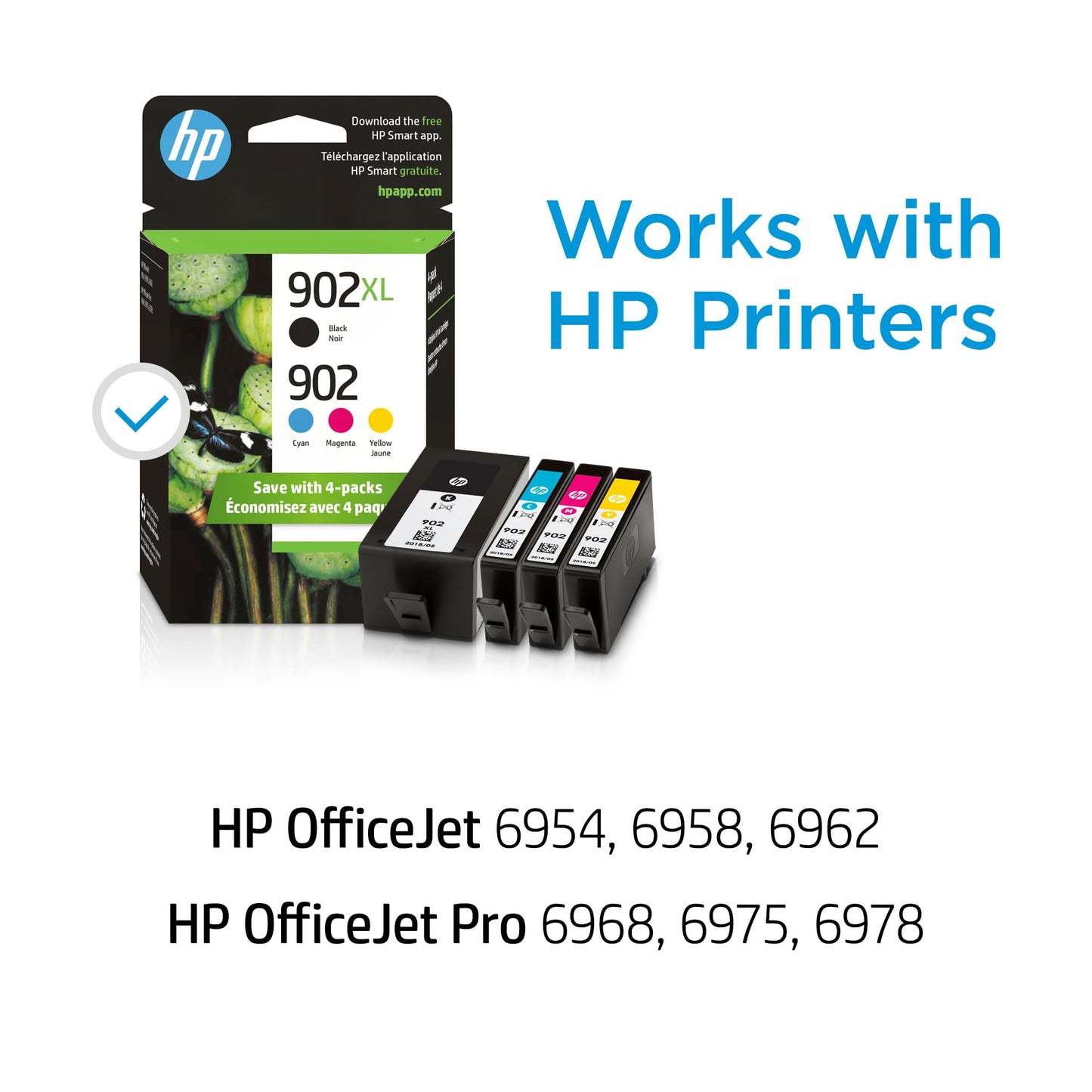 HP Original 902 Cyan, Magenta, Yellow / 902XL Black Ink Cartridges (4-Pack) | Works OfficeJet 6950, 6960 Series OfficeJet Pro 6960, 6970 Series | Eligible for Instant Ink | T0A39AN