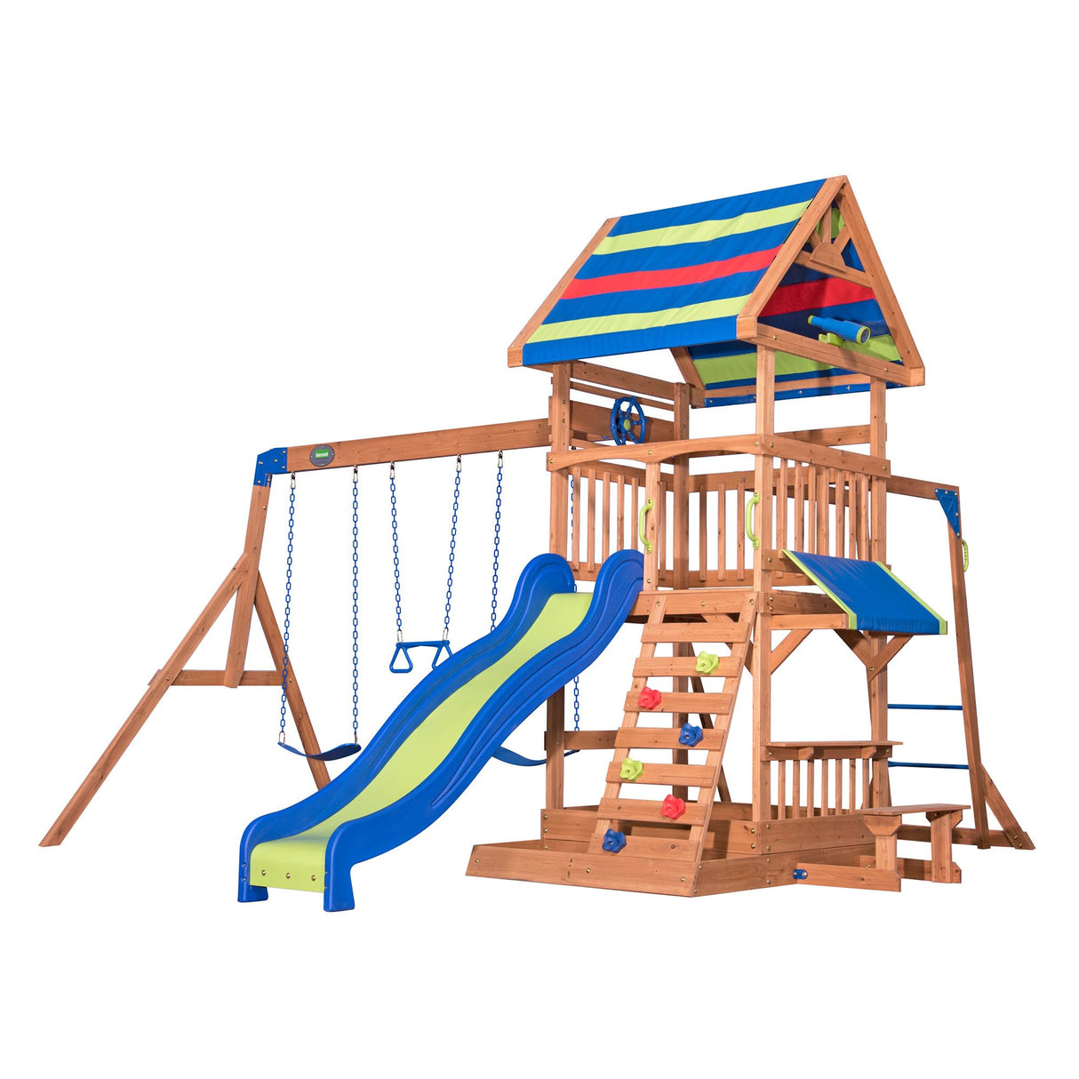 Backyard Discovery Beach Front All Cedar Wooden Swing Set with Monkey Bars, Large Upper Deck with Canopy, Ships Wheel, Play Telescope, Sandbox, Snack Bench, Rock Wall Backyard Discovery