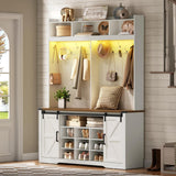 RALGEND Hall Tree with Bench and Shoe Storage, LED Coat Rack with 9 Shoe Cubbies and 12 Hooks, Sliding Barn Doors and Adjustable Shelves, for Foyer, Mudroom, Entryway, White and Walnut RALGEND